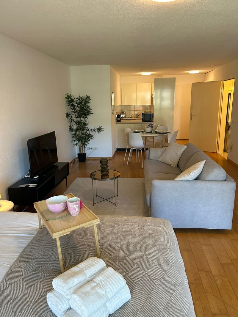 modern living room with wood flooring, gray sofa, round center table, white dining table and chairs, white cabinets, potted plant, flat screen television, microwave, open door leading to dining area