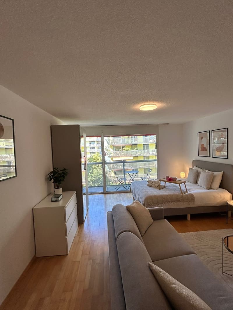 white walls, white floor, bed, desk, chair, coffee table, couch, cabinet, potted plant, lamp, artwork, balcony, terrace