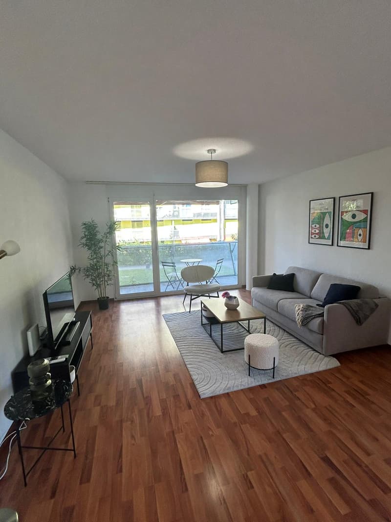 living room, balcony, hardwood floors, grey couch, coffee table, sliding doors, TV