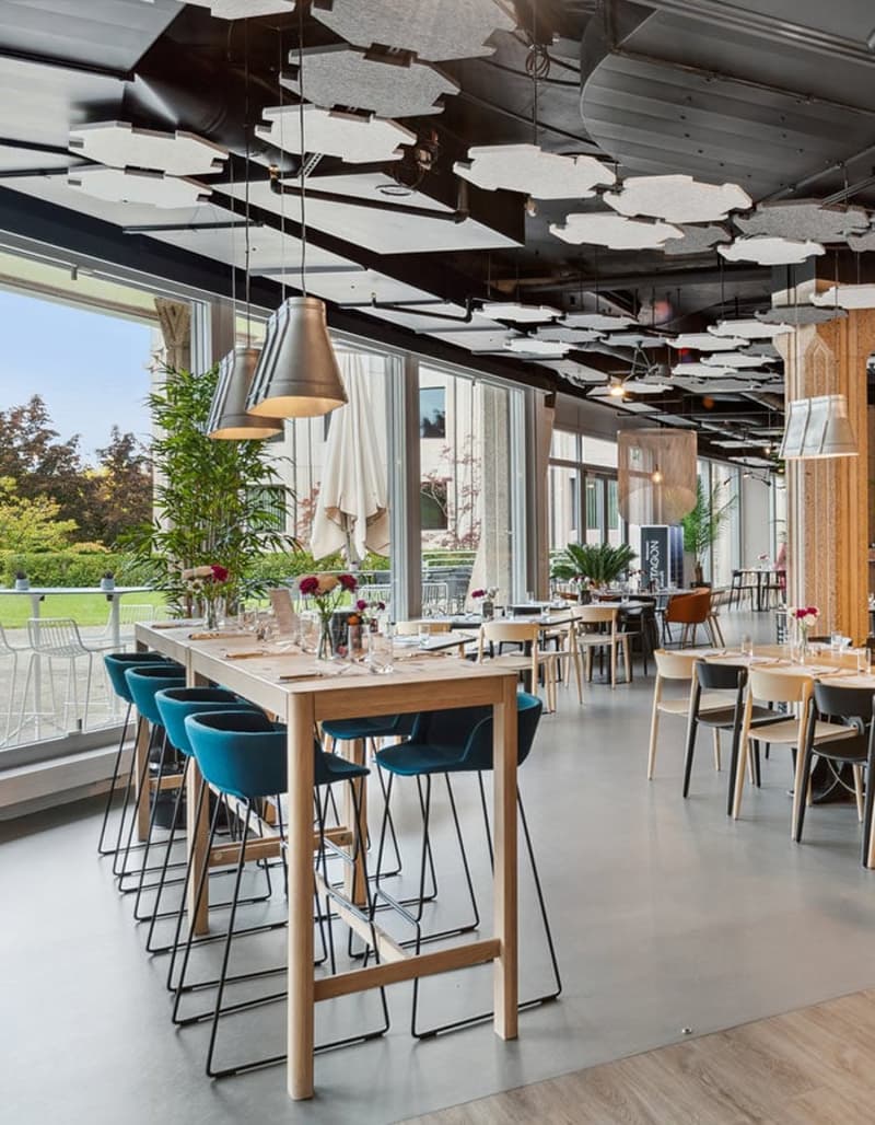 wooden tables and blue stools, ceiling design, long windows
