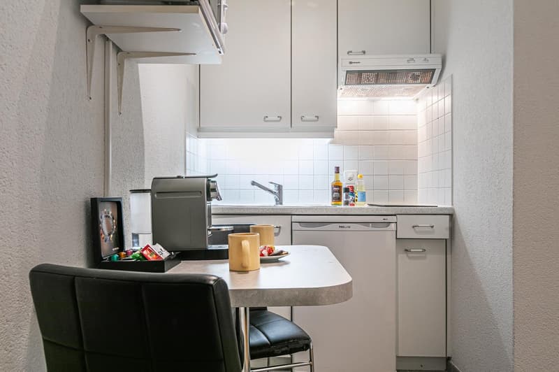 White kitchen cabinets, countertop, dishwasher, washing machine, fridge, faucet, coffee machine, cups, condiments, picture frame