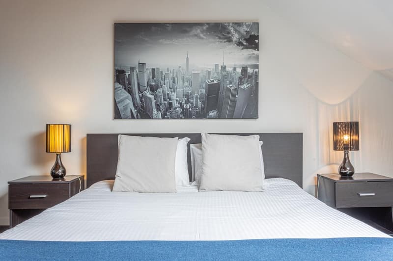 bedroom with a large bed, white bedding, pillows, nightstands with lamps, a framed photo on the wall