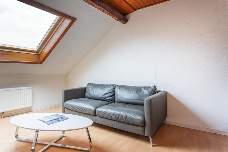 small attic room with slanted ceiling, gray leather sofa, white coffee table, window heater, skylight
