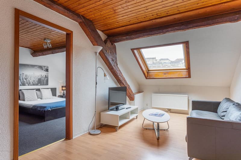 wooden floor, wooden ceiling, ceiling lamp, couch, coffee table, TV, bed, night table, radiator