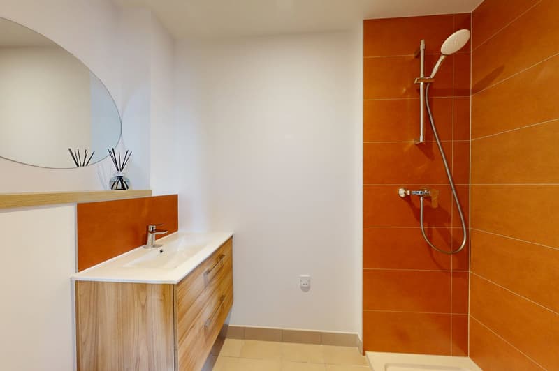 modern bathroom, sink, wooden cabinet, mirror, orange tiles, shower head