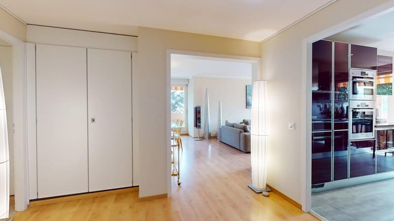 hallway, living room, dining room, kitchen, balcony