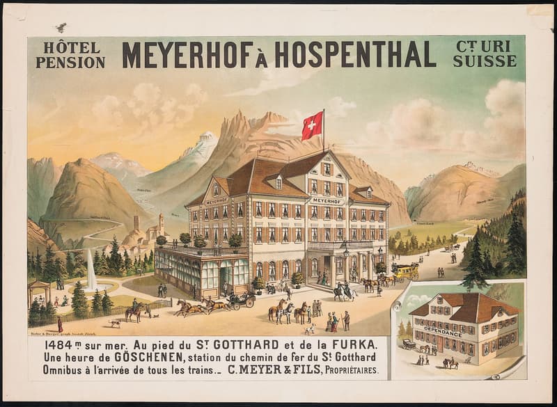 Large hotel, traditional architecture, situated in mountains with Swiss flag, surrounded by greenery, pathways, horses, and people.