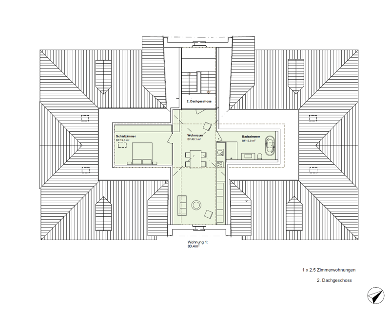 Living room, kitchen, 2 bedrooms, 2 bathrooms, balcony, attic, garage