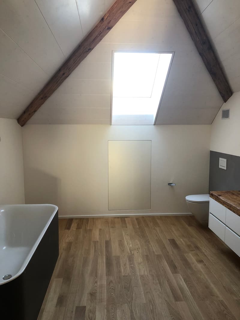 bathroom, wooden floor, skylight, white bath, wooden desk, white toilet, white drawer