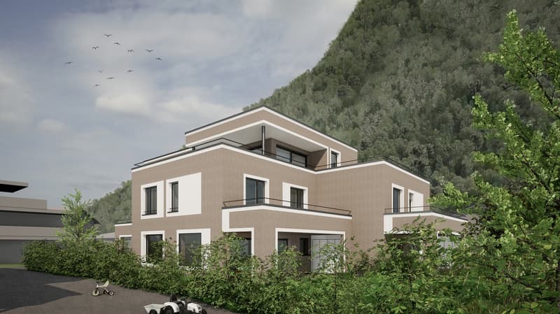 2-story modern house, beige walls, garage, raised ground floor, multiple balconies, surrounded by bushes