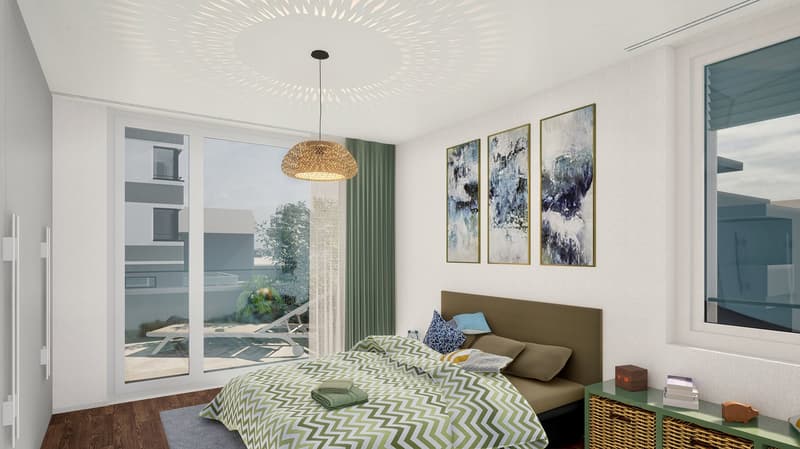 A bedroom with a king-sized bed, open doors leading to a balcony, a nightstand, a side table, a framed artwork, and a pendant light