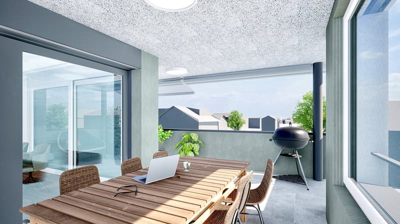 Wooden dining table, patio chairs, laptop, cup, glasses, barbecue grill, railings, potted plants, glass doors, sliding glass door, another room