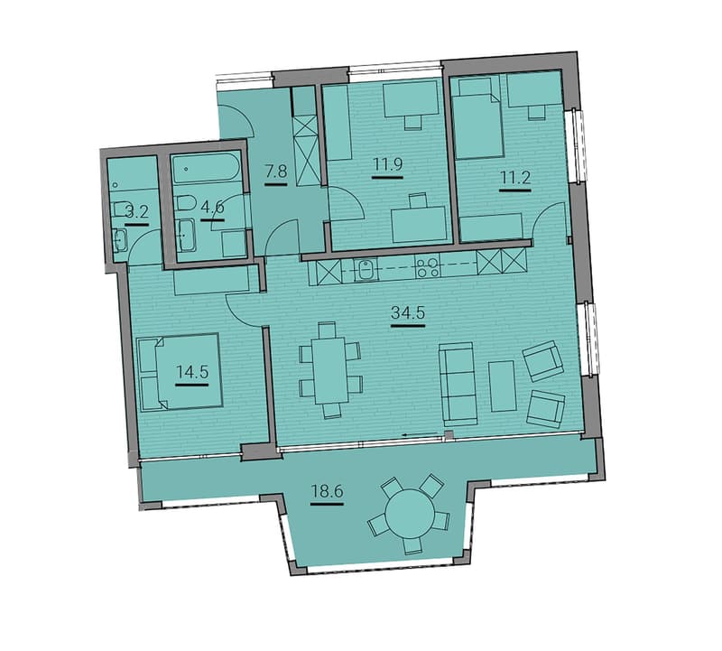 Living room, kitchen, 2 bedrooms, 2 bathrooms, hallway, dining room
