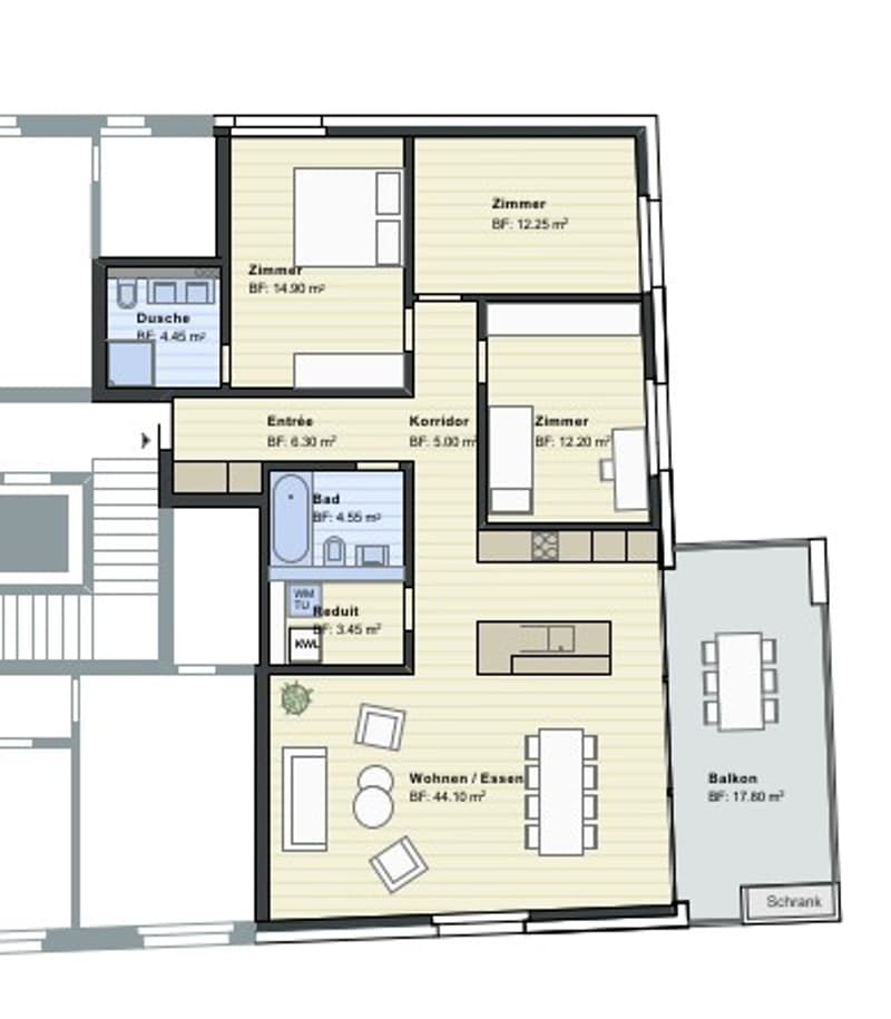 Living room, kitchen, bathroom, balcony, bedroom