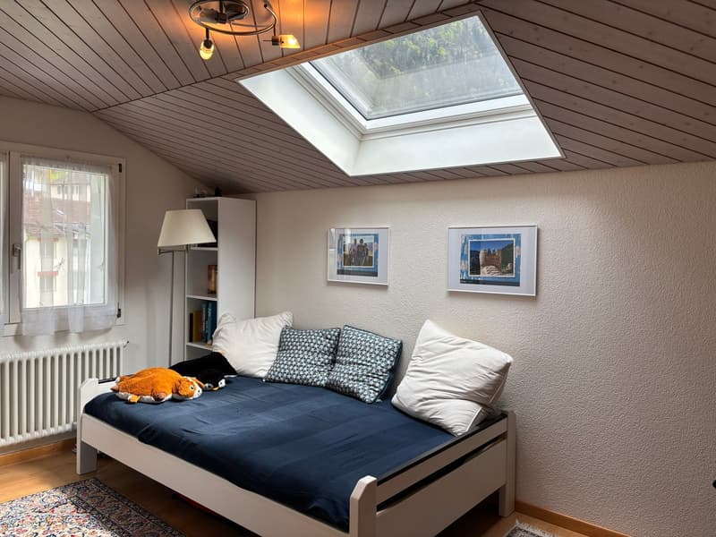 bedroom with a bed, pillows, a lamp, a shelf, a radiator, a skylight, and a rug