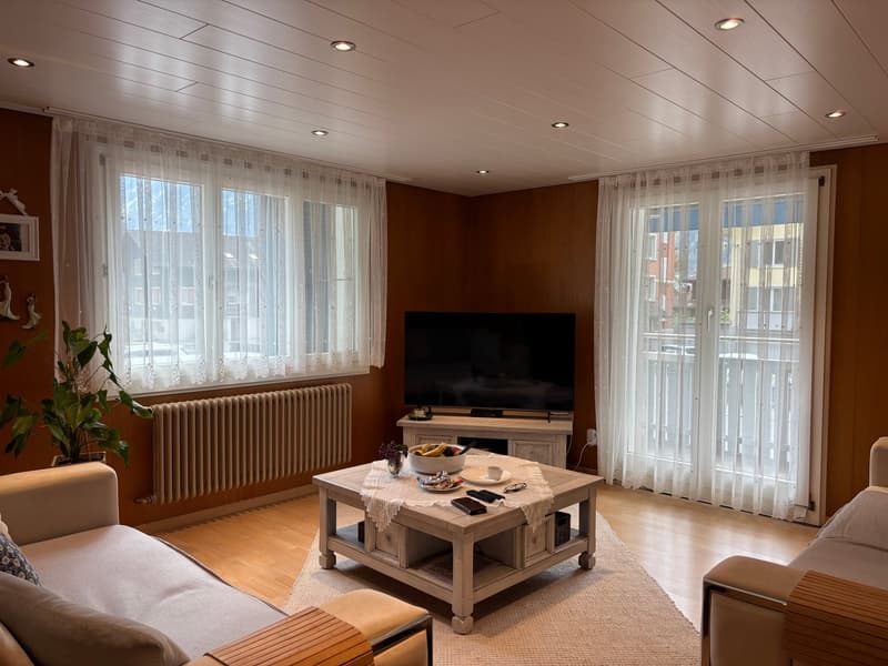 living room with wooden floor, white curtains, white couch, coffee table, TV, radiator, potted plant, rug, balcony