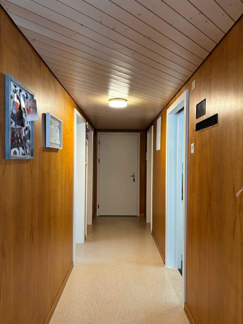 wooden walls, beige carpet, white doors, ceiling light