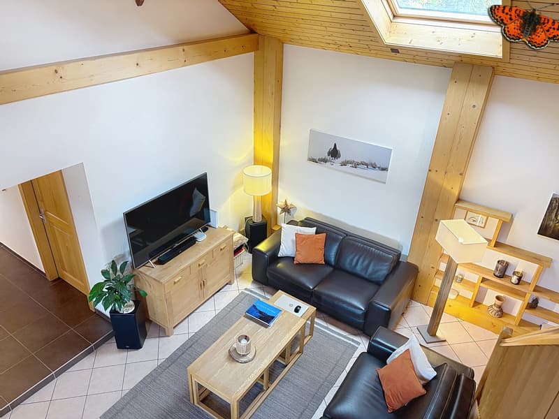 Vue depuis la mezzanine sur le salon du 4.5 pces