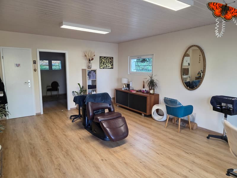 une pièce avec du parquet, un grand miroir et des chaises / a room with hardwood floors and a large mirror and chairs