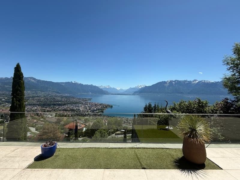 Outdoor terrace with a view of the lake and mountains, glass railing, potted plants, green grass