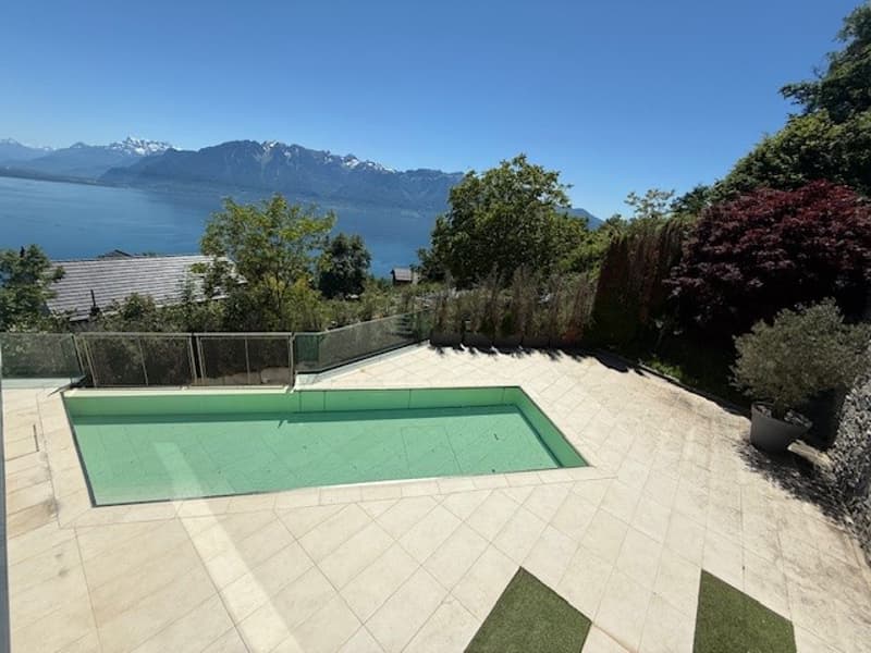 Outdoor swimming pool, tiled floor, metal fence, plants, trees, mountain view