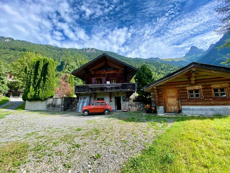 Detached house, wooden facade, 2 story, balcony, red car parked in front, stone pathway, garden