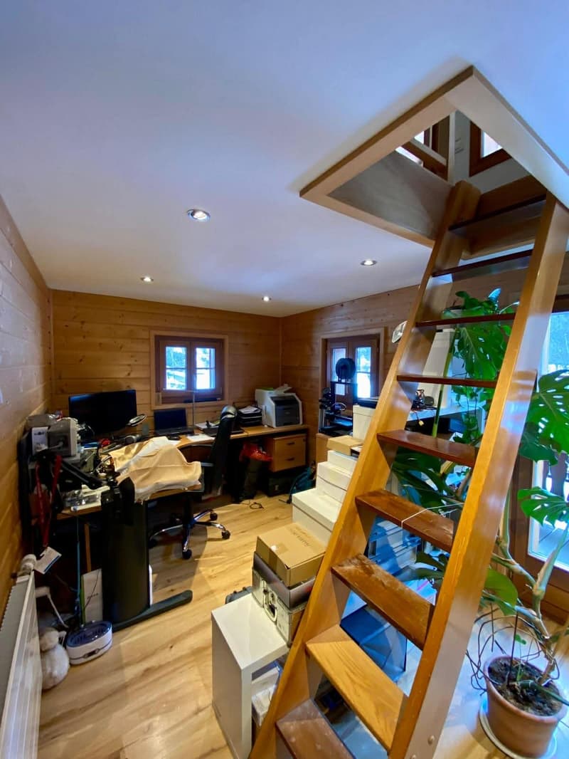 raised attic room, wooden walls, hardwood floor, ladder, office desk, chair, computer, printer