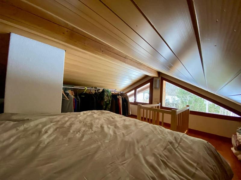 bed, wooden crib, wooden wardrobe, ceiling racks, large windows