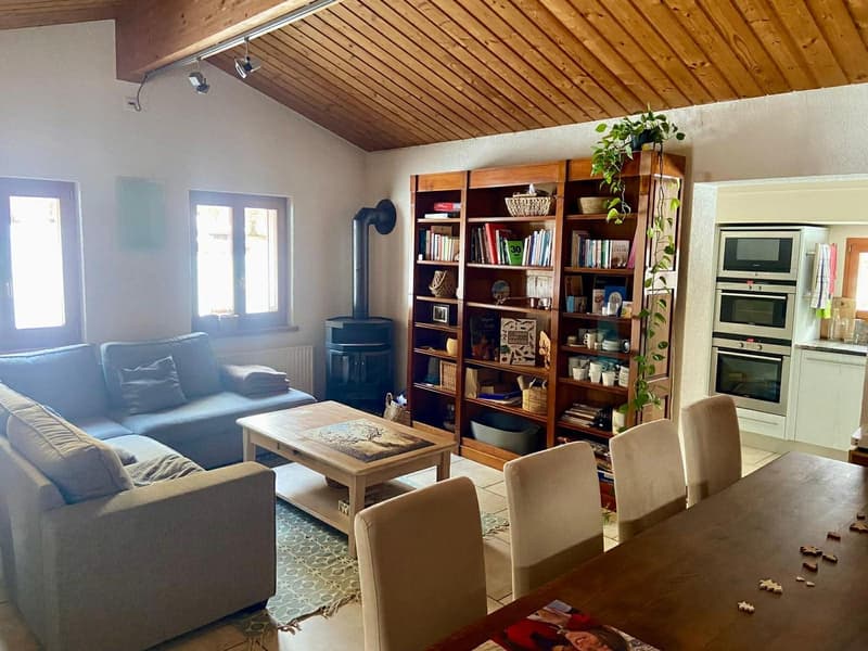 large couch, table, books, dining table, white chairs, fireplace