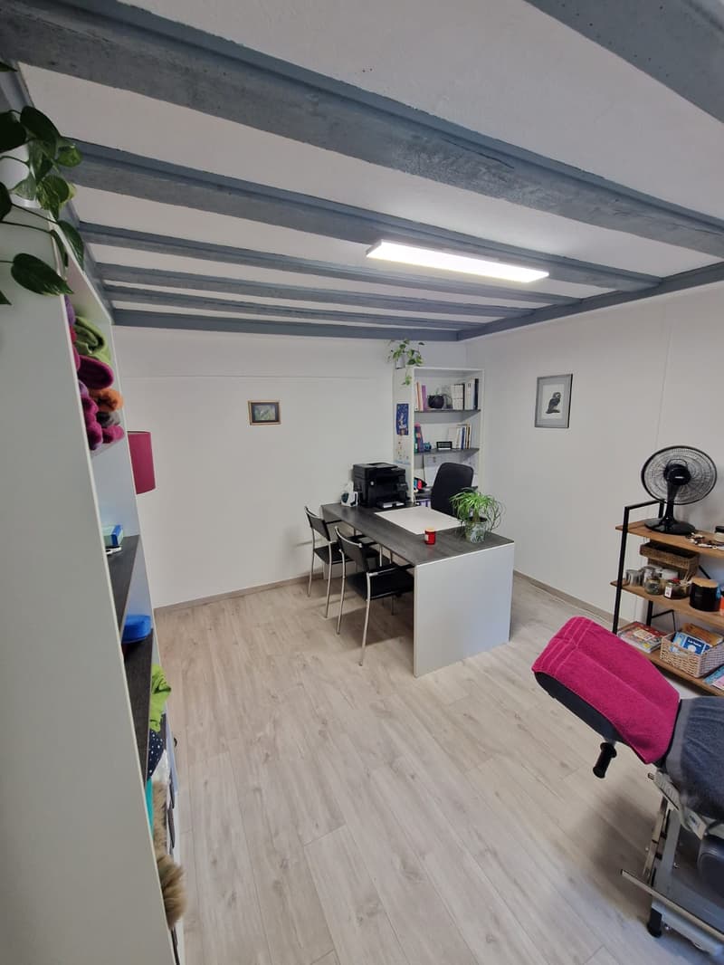 office room with desk, chairs, printer, shelves, picture frames, fan, massage chair