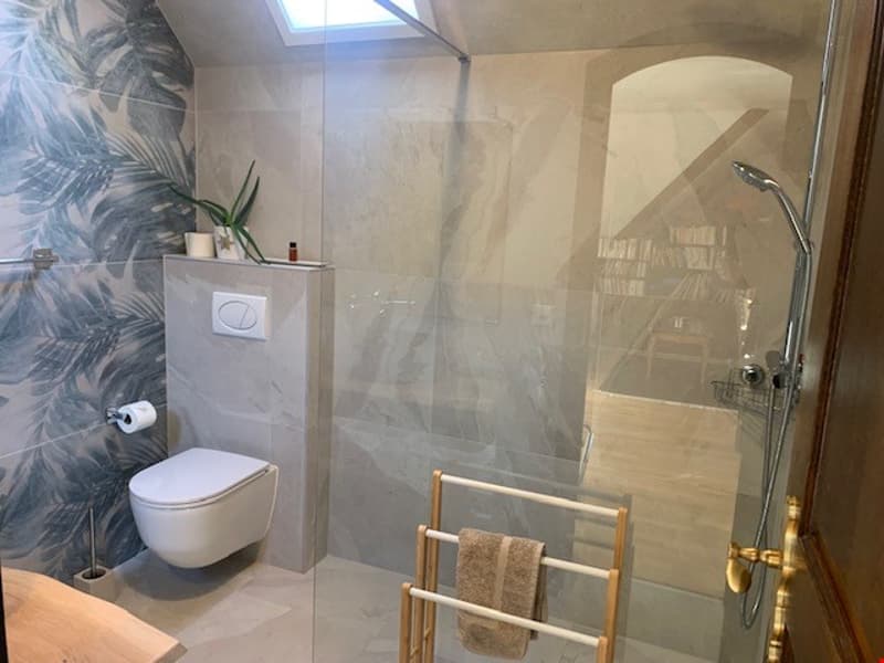 Spacious bathroom with a glass shower enclosure, toilet, and a towel rack. The walls feature a tropical leaf pattern, and there is a small shelf or cabinet next to the toilet.