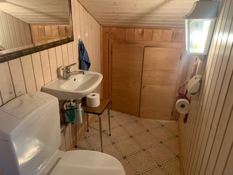 Bathroom with wooden paneled walls, tile flooring, sink, toilet, and a washing machine