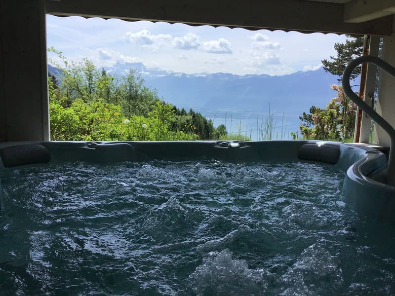 Outdoor hot tub with a scenic view of mountains and lush greenery through the window frame