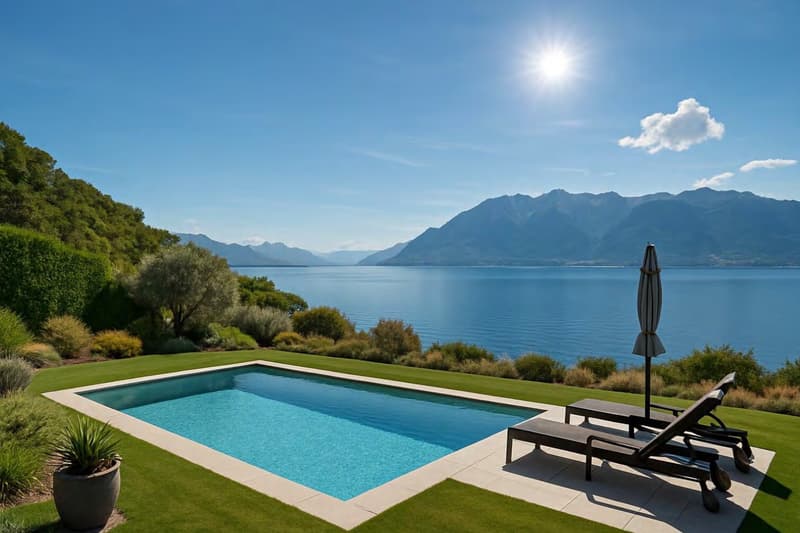 Swimming pool with lounge chairs and an umbrella, potted plant, grassy landscape, serene lakeside view, mountains