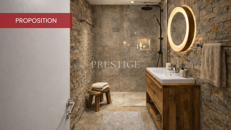 Stone walls, Shower stall, sink, stool, towel, lighting