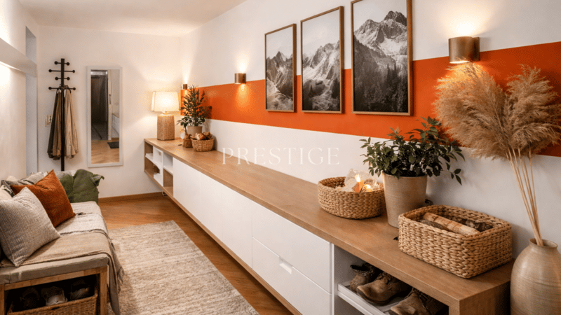 Couch, white cabinets, rug, baskets, lamp, plants, mirror, framed art, wall lights