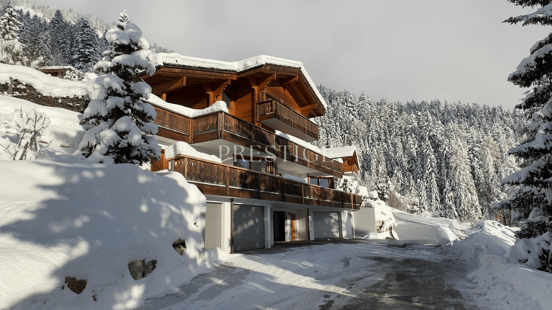 alpine-style chalet, 3 floors, large balconies, snow-covered surroundings, 2 garages
