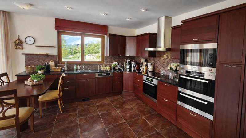 modern kitchen, wooden cabinets, granite countertops, integrated appliances, large window, large dining table