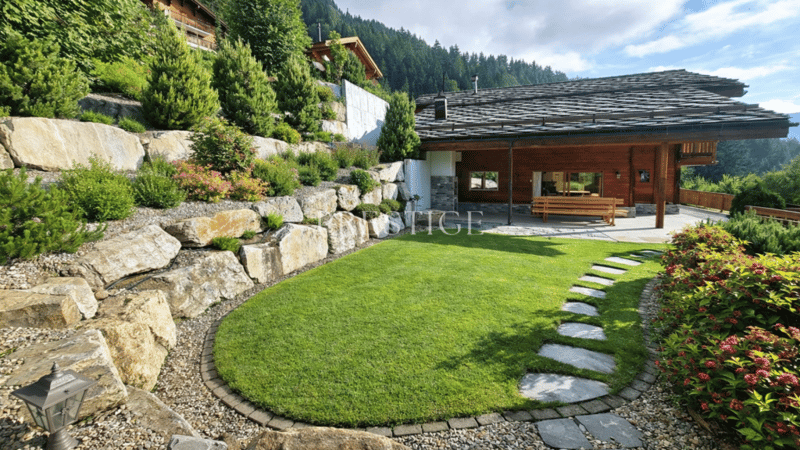Rustic wooden chalet, elevated terrain, rocky walls, lush green lawn, stone path, garden, wooden bench, scenic mountain view