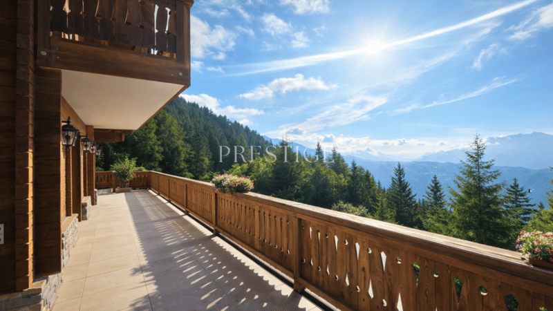 wooden balcony, tiled floor, potted plants, mountain view, sunlit