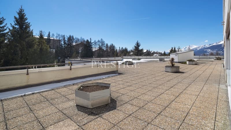 Rooftop with gravel tiles, metal railing, potted plants, distant mountains