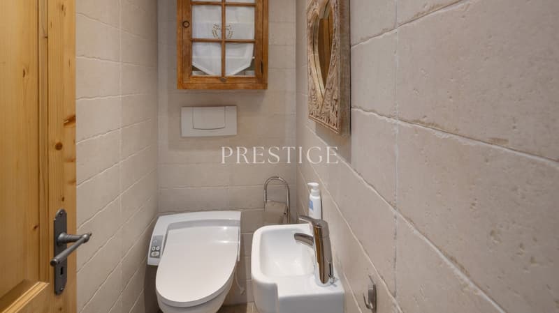 Bathroom with toilet, sink, wooden door, white tiles, wooden window frame, mirror