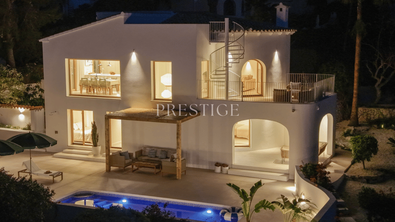 modern house, white exterior, spiral staircase, balcony, swimming pool, outdoor seating, pergola, garden