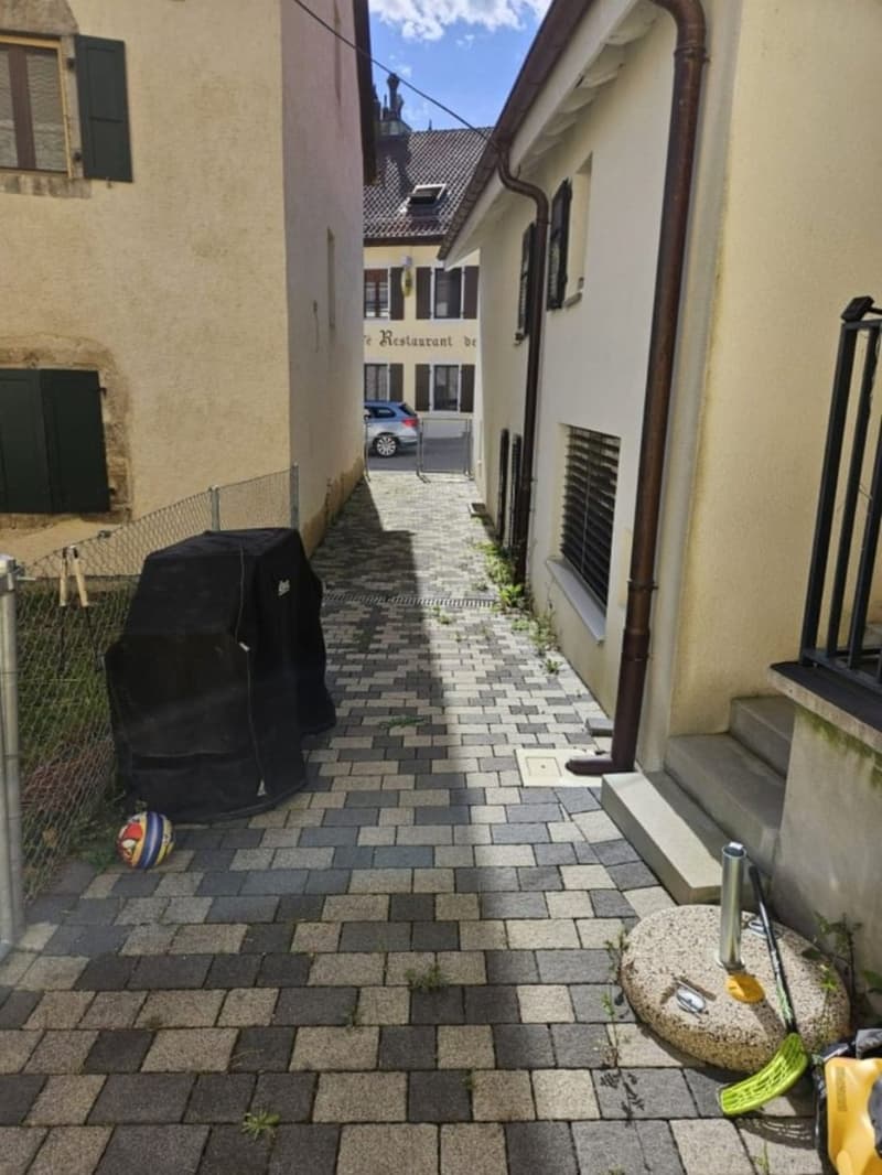 Narrow alleyway with brick paving, a pathway leading to a building with fenced entrance, car parked at the end, and some greenery.
