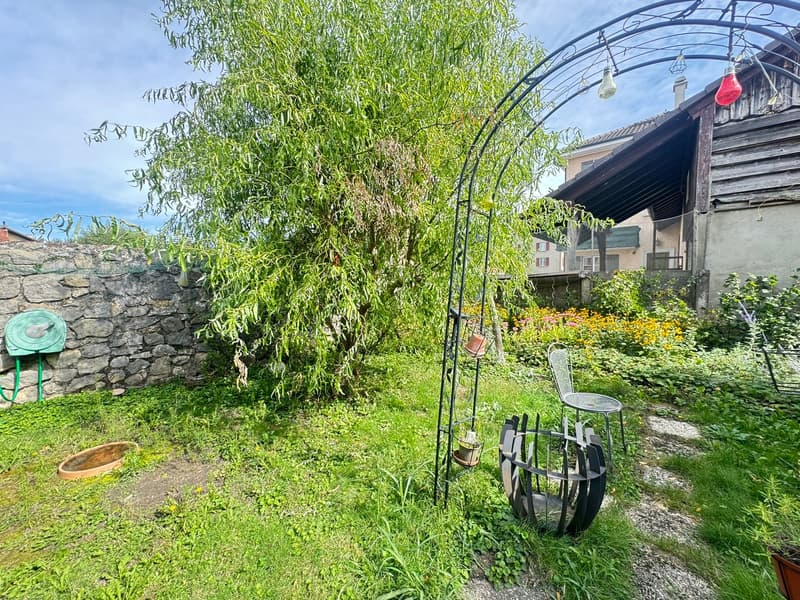 grassy area, arch with tree, small chair, wall, flowers, house, chimney