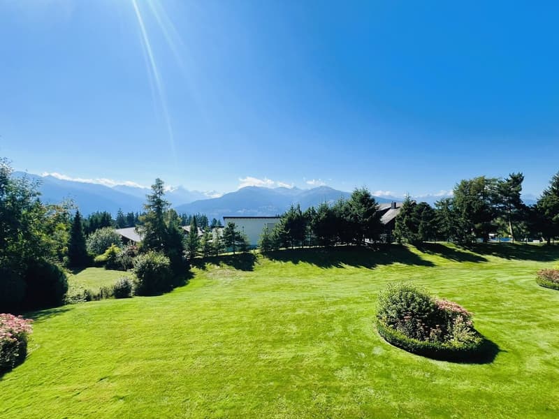 Green manicured lawn, several trees, mountains in the background, houses in the background, swimming pool visible in the background