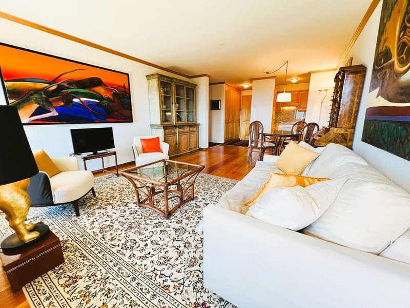 modern living room, white walls, wooden floor, glass table, two white chairs, large sofa, large painting, wooden cabinet, television, lamp