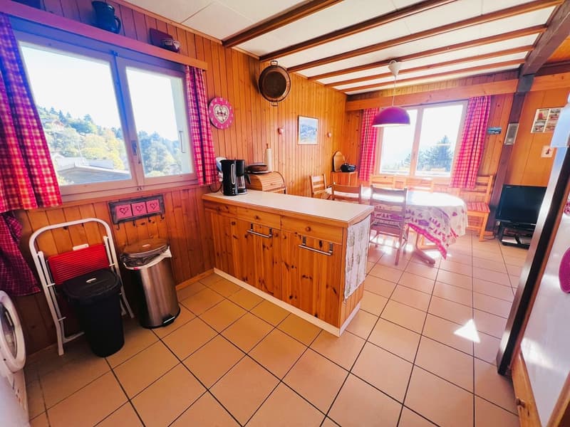 wooden counter, silver trash can, black garbage bin, small kitchen with two windows, tiled floor, wooden walls, dining area with table and chairs
