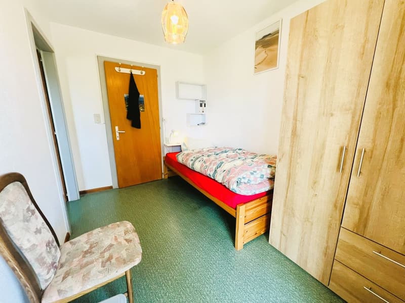 Single bed, wooden wardrobe, chair, green carpet, wooden door, white walls, lamp, nightstand, picture frame
