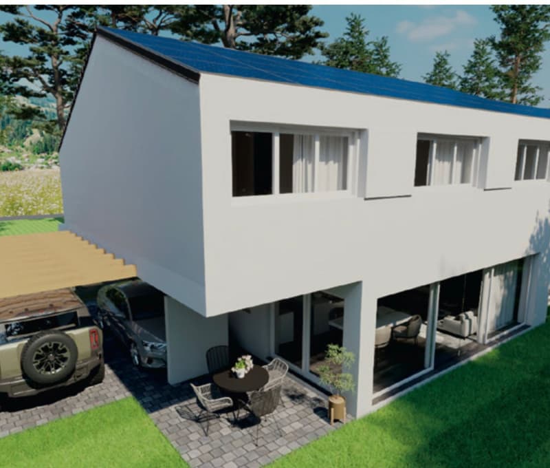 2-story modern house with a flat roof, white exterior walls, large windows, and a garage with a parking space in the front. The house is surrounded by trees and has a paved patio area with outdoor furniture.
